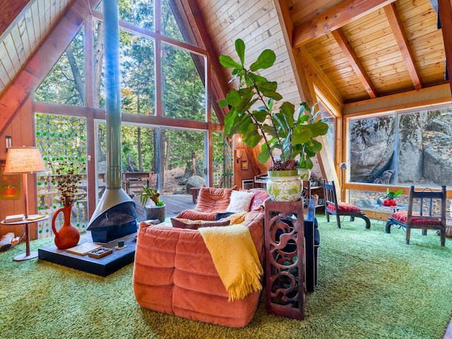 interior space with a wood stove, beam ceiling, high vaulted ceiling, wooden ceiling, and wood walls