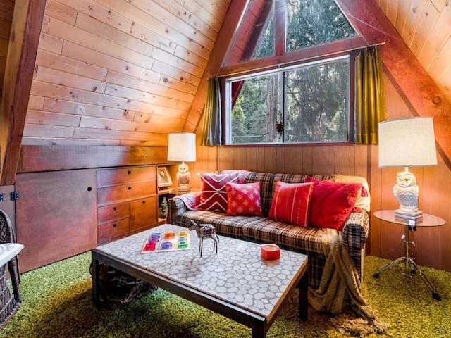 carpeted living room featuring wood ceiling, vaulted ceiling, and wood walls