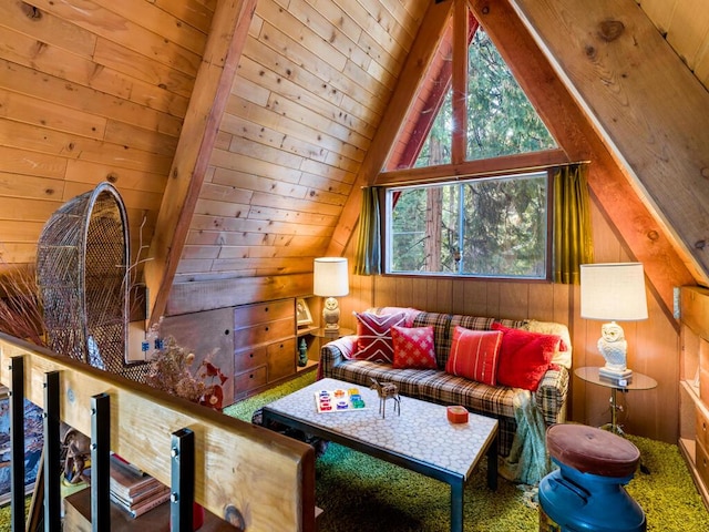 interior space featuring wood ceiling, wooden walls, and lofted ceiling with beams