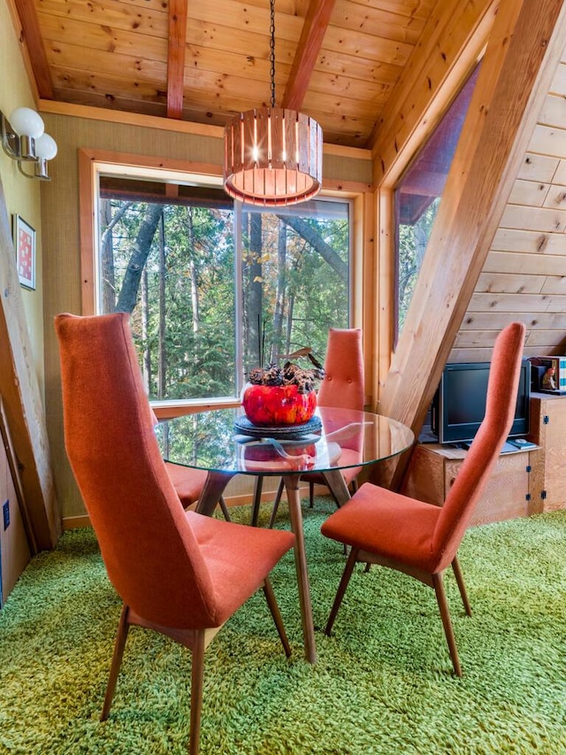 dining space with beam ceiling, wooden ceiling, an inviting chandelier, and wood walls