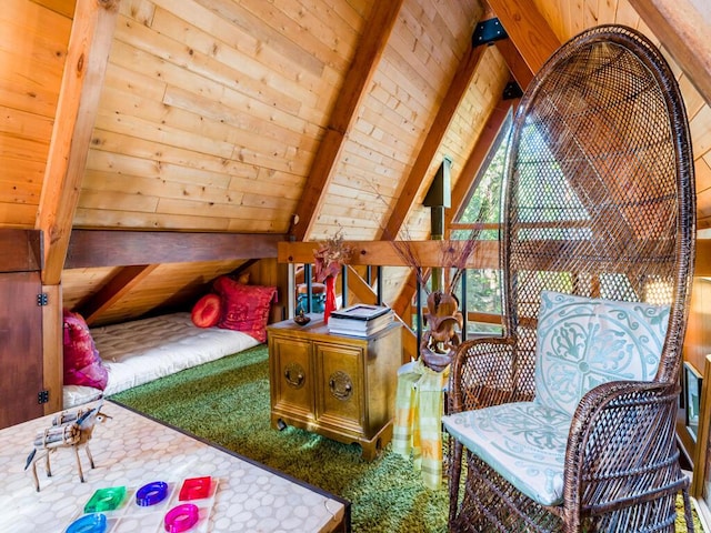 living area with vaulted ceiling with beams, wooden ceiling, and wood walls