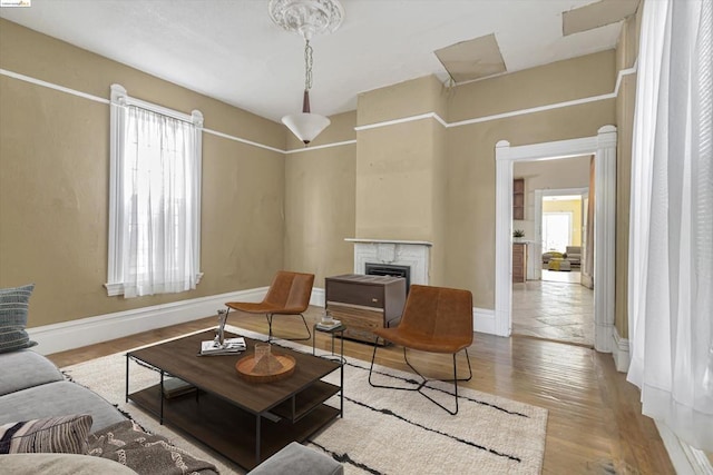 living room featuring plenty of natural light and light hardwood / wood-style floors