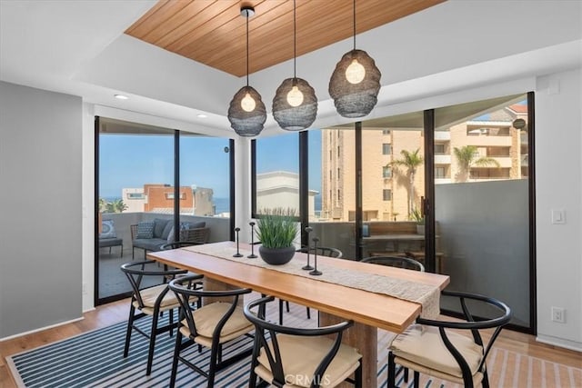 734 Esplanade Unit A, Redondo Beach, CA 90277 - dining area with healthy amount of natural light, light wood-style flooring, recessed lighting, and wooden ceiling