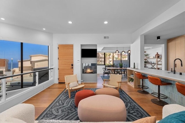 living room with sink and light wood-type flooring