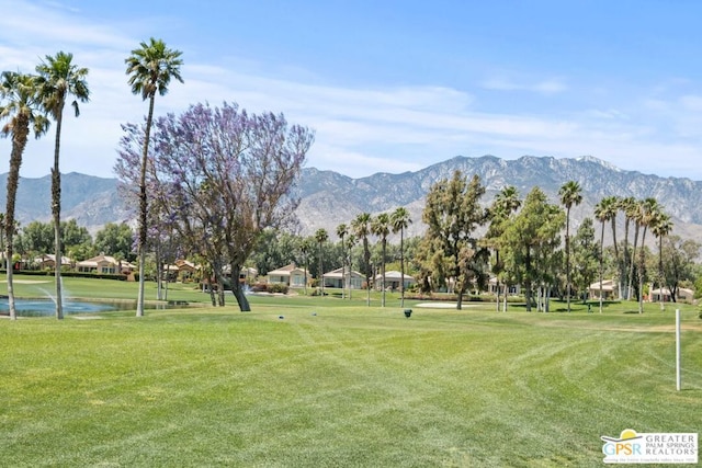 view of property's community with a mountain view and a yard