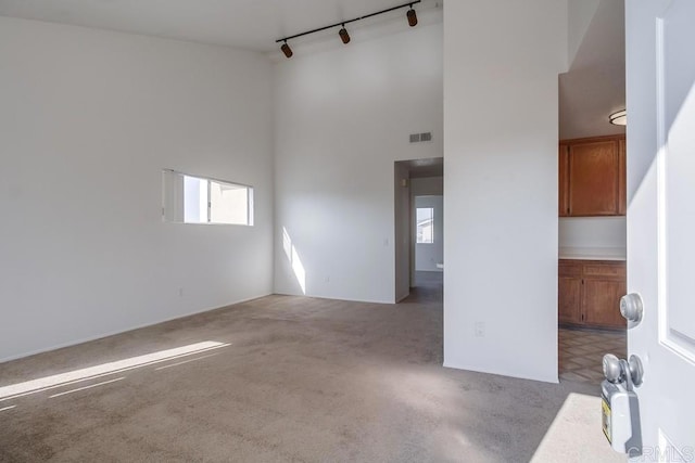 carpeted empty room featuring rail lighting and a high ceiling