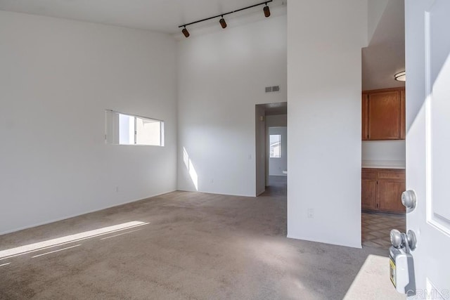 carpeted spare room with rail lighting and a high ceiling