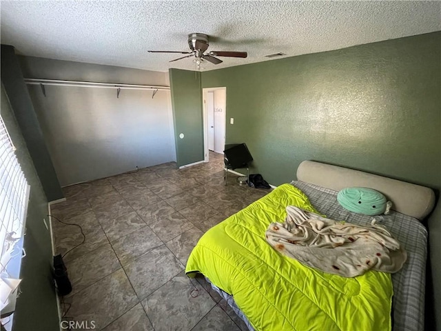 7928 Oakwood Ave, Hesperia, CA 92345 - bedroom featuring ceiling fan, a textured ceiling, and a closet