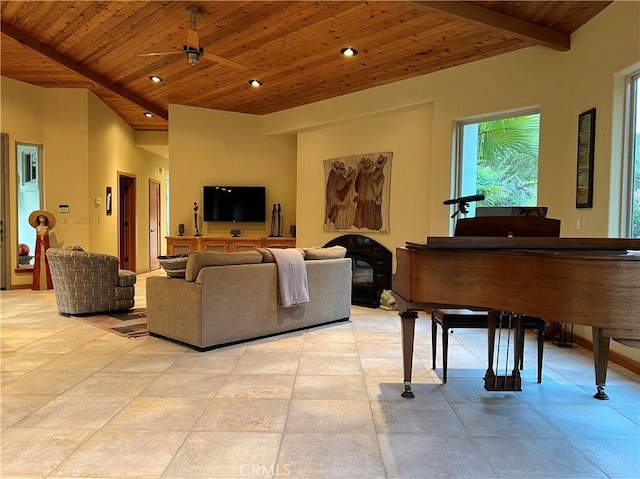 living room with beam ceiling, ceiling fan, high vaulted ceiling, and wood ceiling