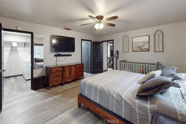 bedroom with ceiling fan and hardwood / wood-style flooring