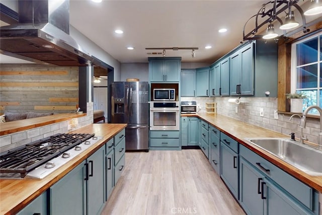 kitchen featuring wood counters, appliances with stainless steel finishes, decorative backsplash, sink, and wall chimney range hood