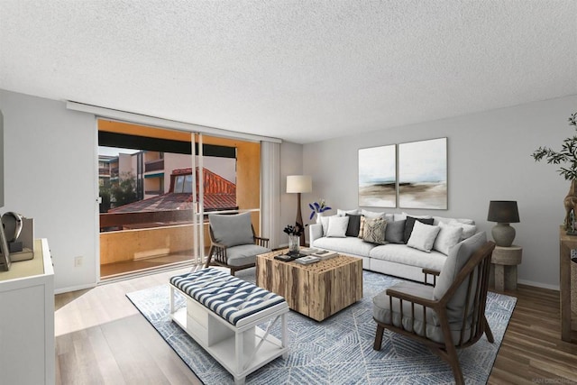 living room with hardwood / wood-style floors and a textured ceiling