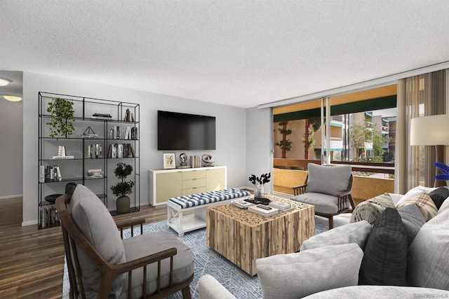 living room featuring dark hardwood / wood-style flooring and a textured ceiling