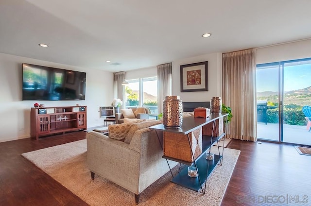 living room with dark hardwood / wood-style flooring