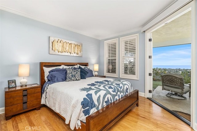 bedroom with light hardwood / wood-style flooring and access to outside