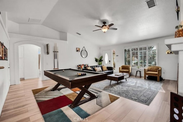 rec room featuring ceiling fan, pool table, vaulted ceiling, and light wood-type flooring