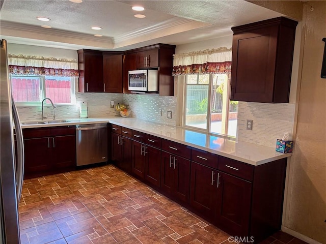 kitchen with crown molding, sink, tasteful backsplash, a tray ceiling, and stainless steel appliances