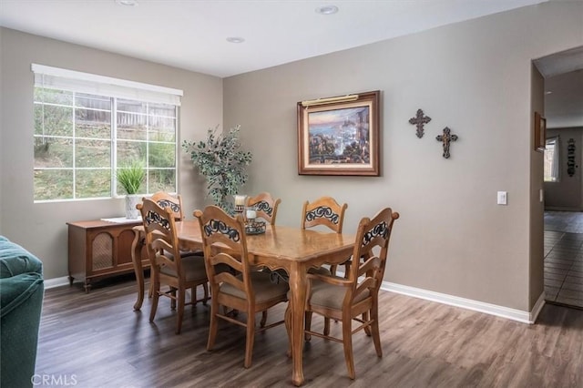 dining space with hardwood / wood-style floors