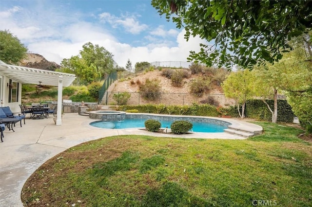 view of swimming pool with a yard, a pergola, a patio, and an in ground hot tub