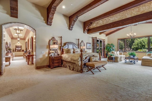 bedroom with a notable chandelier, beam ceiling, light carpet, and high vaulted ceiling