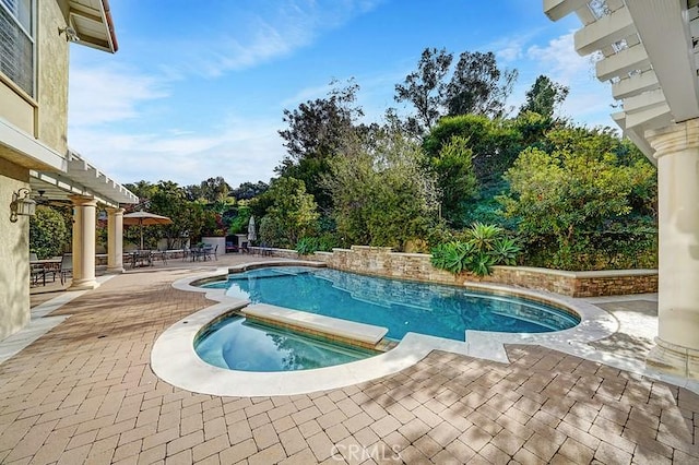 view of swimming pool featuring a patio area and an in ground hot tub