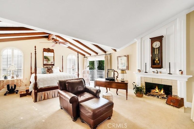 bedroom featuring vaulted ceiling with beams, ceiling fan, light colored carpet, and multiple windows