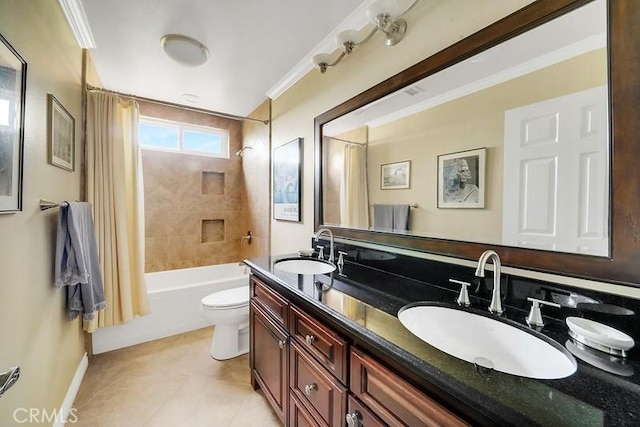 full bathroom with tile patterned floors, shower / bath combo, toilet, and crown molding