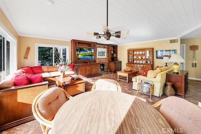 living room with ceiling fan and wood ceiling