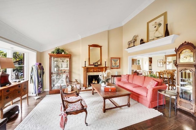 living room with a chandelier, high vaulted ceiling, and dark wood-type flooring