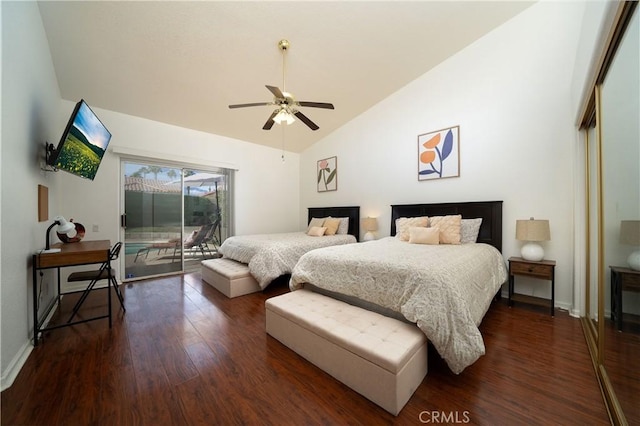 bedroom featuring dark wood-type flooring, ceiling fan, vaulted ceiling, and access to outside