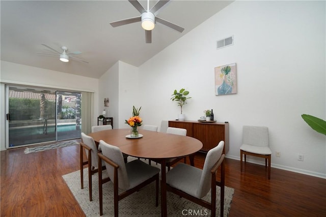 dining room featuring ceiling fan, dark hardwood / wood-style floors, and high vaulted ceiling