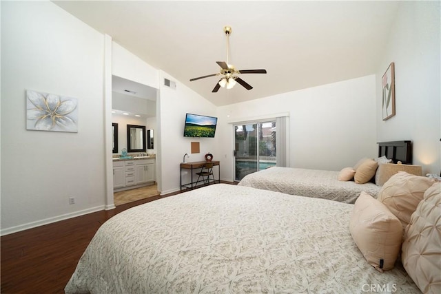 bedroom with lofted ceiling, hardwood / wood-style flooring, ceiling fan, ensuite bathroom, and access to outside