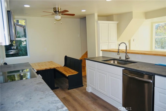 kitchen with sink, white cabinetry, stainless steel dishwasher, and a healthy amount of sunlight