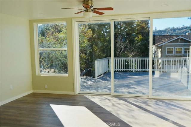 doorway featuring dark wood-type flooring and ceiling fan