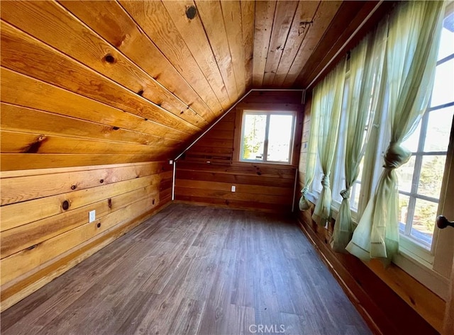 additional living space featuring dark wood-type flooring, wooden ceiling, vaulted ceiling, and wood walls