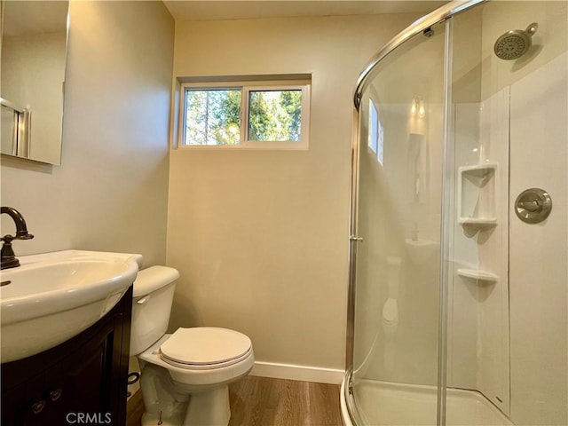 bathroom featuring toilet, vanity, a shower with door, and hardwood / wood-style floors