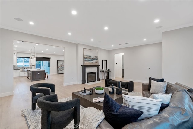 living room with sink, light wood-type flooring, a fireplace, and ornamental molding