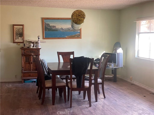 dining space featuring hardwood / wood-style floors and a textured ceiling