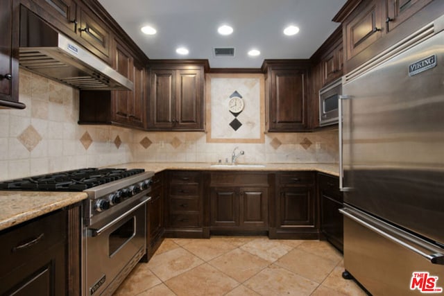 kitchen featuring built in appliances, dark brown cabinets, sink, and tasteful backsplash