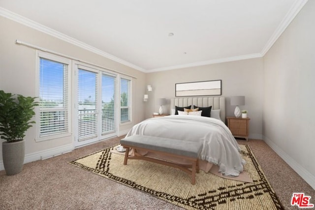 carpeted bedroom with access to outside and crown molding