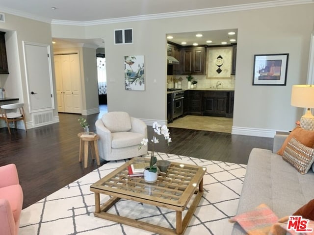 living room with sink, light wood-type flooring, and crown molding