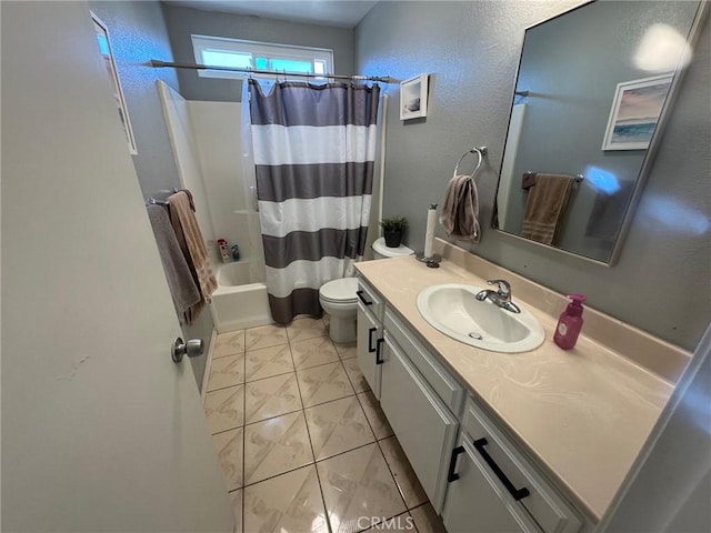 full bathroom featuring toilet, vanity, shower / tub combo with curtain, and tile patterned flooring