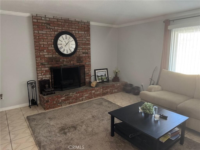 tiled living room featuring a fireplace and crown molding