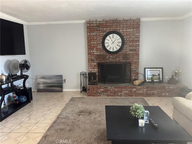 living room with a fireplace, light tile patterned flooring, and crown molding