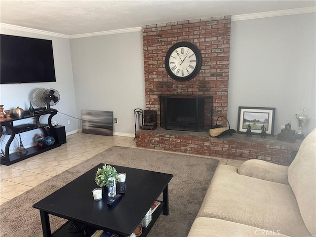 living room featuring a fireplace, ornamental molding, and light tile patterned flooring