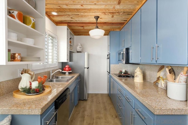 kitchen featuring light wood-type flooring, wood ceiling, stainless steel appliances, blue cabinets, and hanging light fixtures