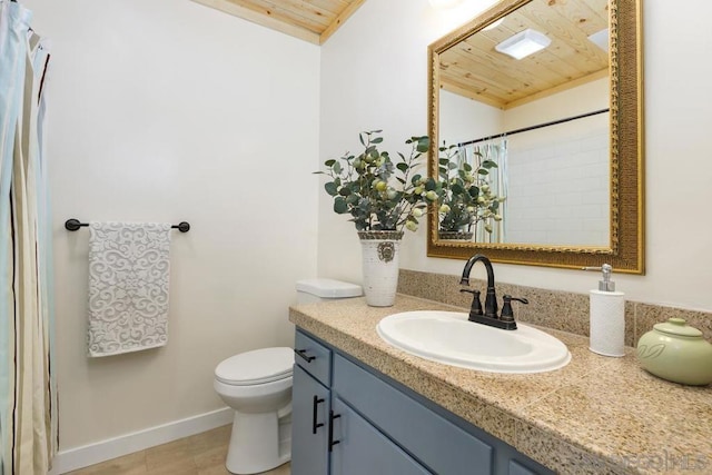 bathroom with tile patterned floors, vanity, wooden ceiling, and toilet