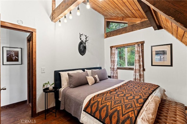 bedroom featuring wood ceiling, dark hardwood / wood-style flooring, and lofted ceiling with beams