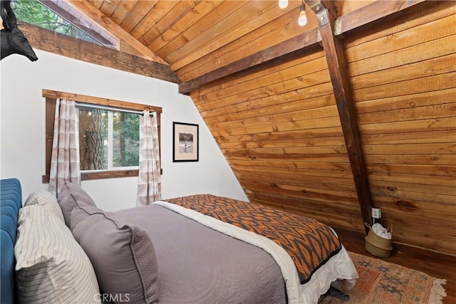 bedroom featuring wooden ceiling, wooden walls, lofted ceiling with beams, and hardwood / wood-style flooring