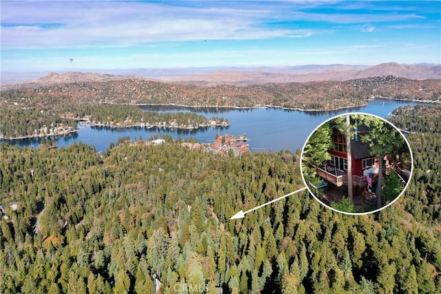 birds eye view of property with a water and mountain view